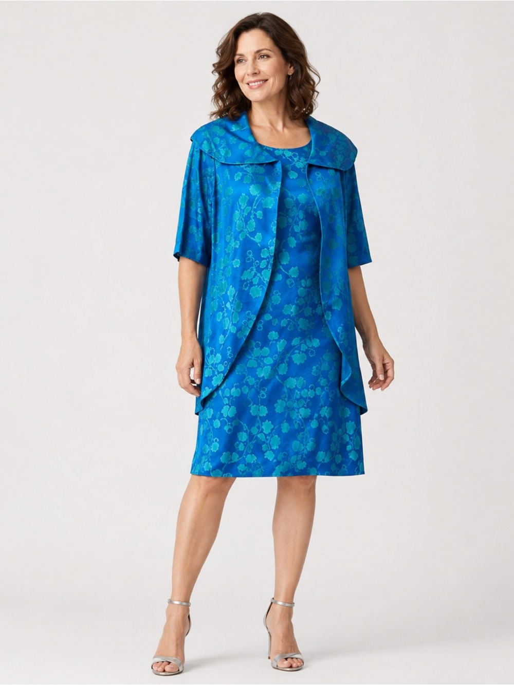 Vintage Handmade Blue Teal Floral 2-Piece Dress & Jacket jacquard Suit M/L ?!